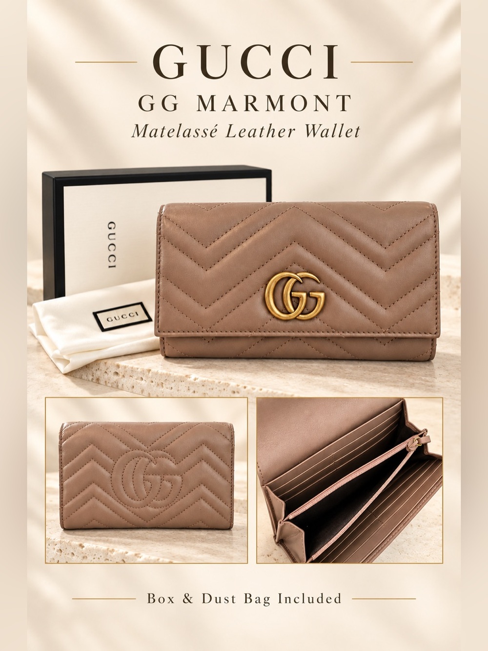 Gucci GG Marmont Matelassé Leather Continental Wallet Taupe Box & Dust Bag